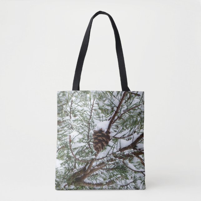 Bolsa Tote Snowy Pine Cone II Fotografia de inverno (Frente)
