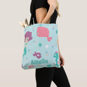 Bolsa Tote Sob o Mar Padrão de Sereia Personalizado