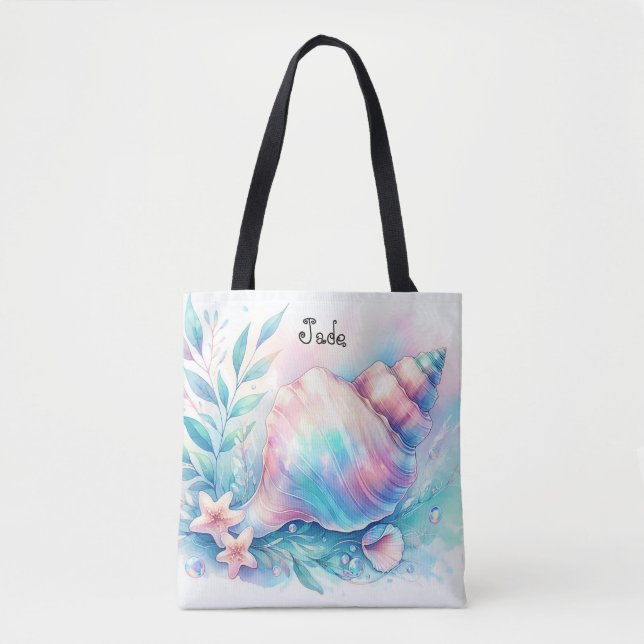 Bolsa Tote Soft Iridescent Pastel Hues Conch Seashell (Frente)
