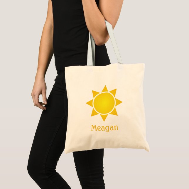 Bolsa Tote Sol de Gradação Amarelo Radiante com Nome Laranja (Frente (produto))