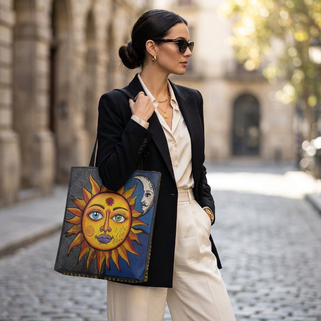 Bolsa Tote Sol e Lua com Arte Celestial Colorida (Criador carregado)