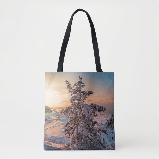Bolsa Tote Sol em costa marítima de neve do inverno (Frente)