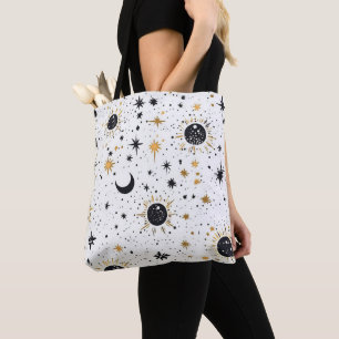 Bolsa Tote Sol Lua Estrelas Preto e Dourado Celestial