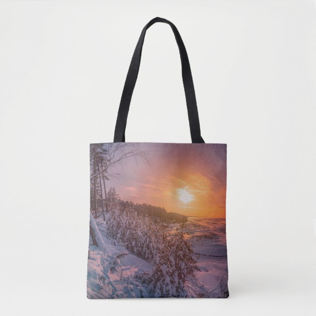Bolsa Tote Sol sobre a costa da neve (Frente)