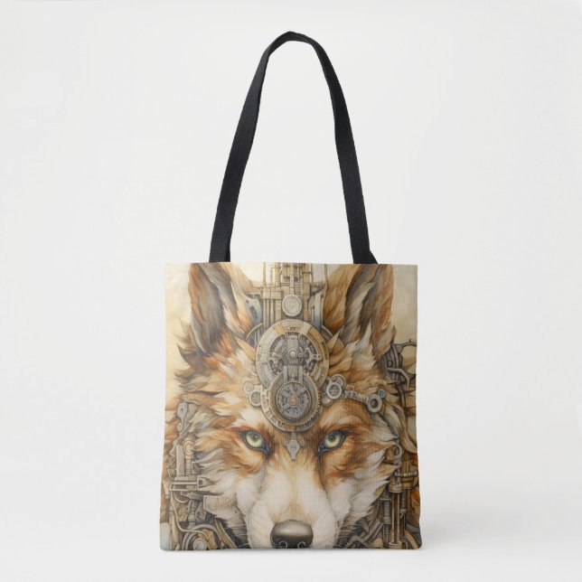 Bolsa Tote Solarpunk Red Wolf Steampunk inspiração (Frente)