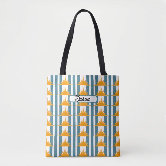 Bolsa Tote Solos Amarelos Laranja em Stripes Teais (Frente)