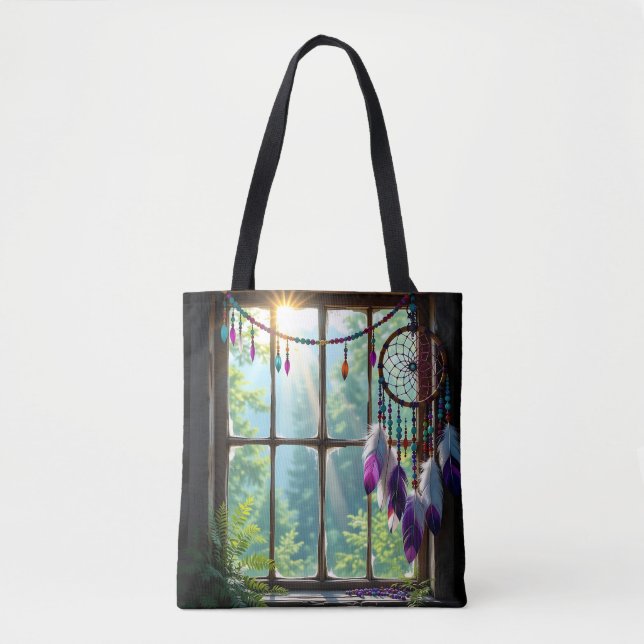 Bolsa Tote Sonhador Boho Roxo na Janela (Frente)