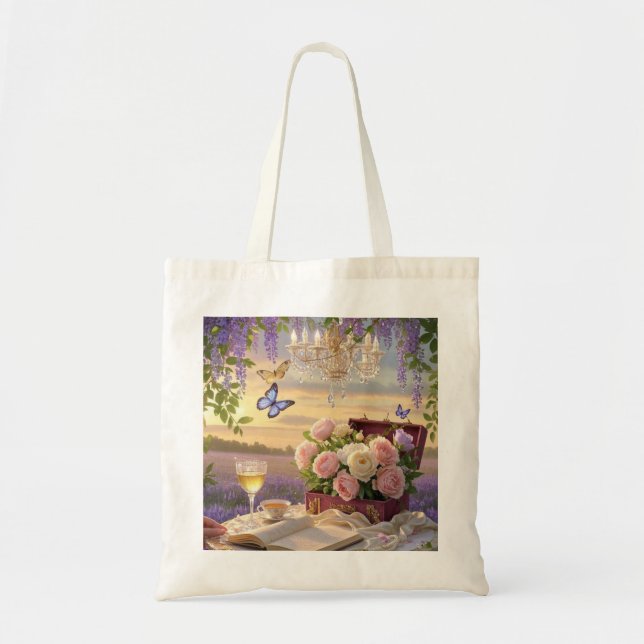 Bolsa Tote Sonhadora, cena de foco suave de uma lavanda, Flor (Frente)