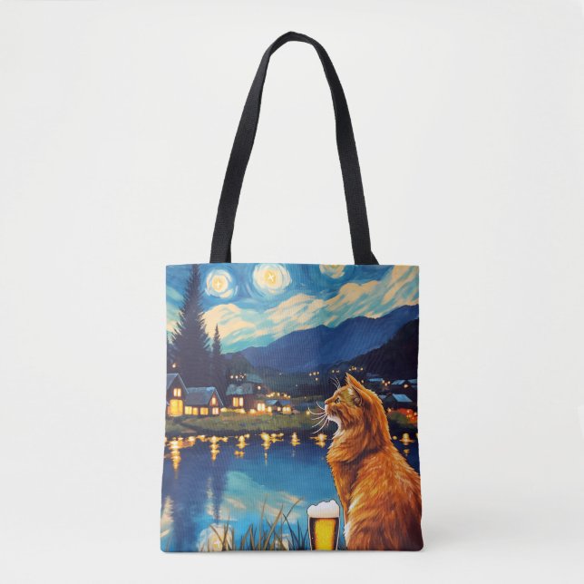 Bolsa Tote Sonhar com Saltos e estrelas | Cat Starry Night (Frente)