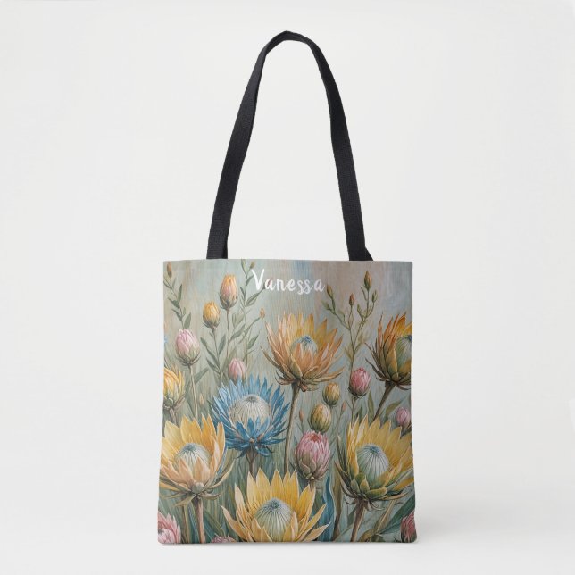 Bolsa Tote Sonho com Protea Pastel: Floral Elegante (Frente)