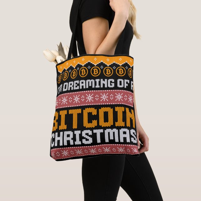 Bolsa Tote Sonho com um padrão de kit Faux CHRISTMAS BITCOIN (Close Up)