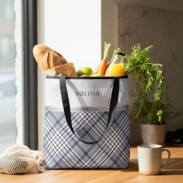 Bolsa Tote Sophisticated Blue Plaid Luxury Boutique Style