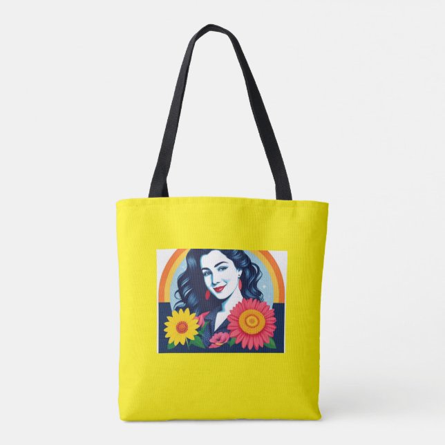 Bolsa Tote sorridente mulher feliz encarando flores (Verso)