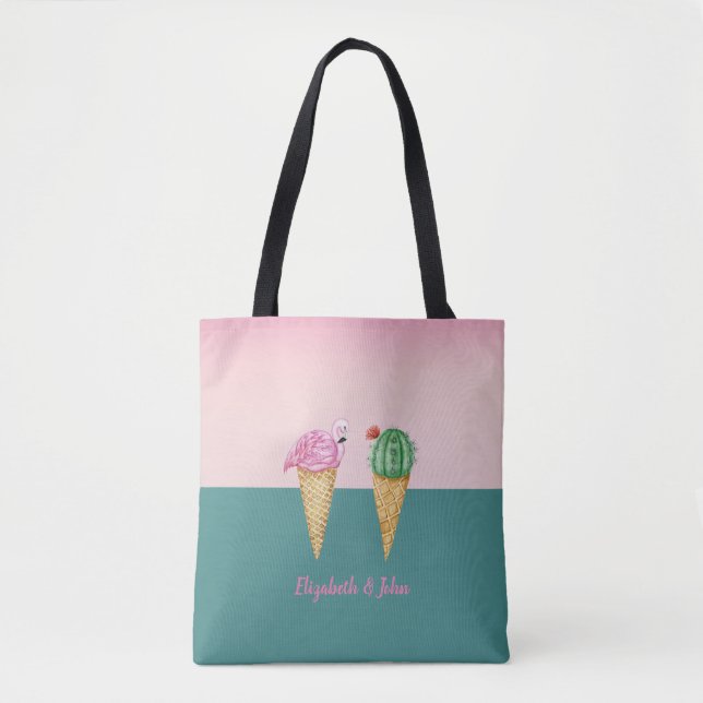 Bolsa Tote Sorvete Colorido Cones Cactus Flamingos Rosa (Frente)