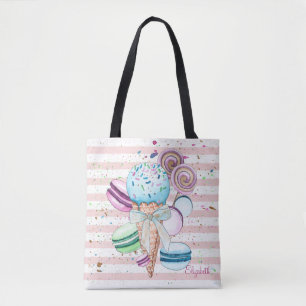 Bolsa Tote Sorvete de Aquarela,Macarões,Faixa Rosa