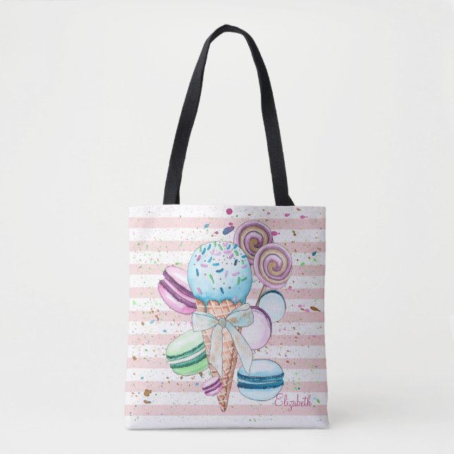 Bolsa Tote Sorvete de Aquarela,Macarões,Faixa Rosa (Frente)