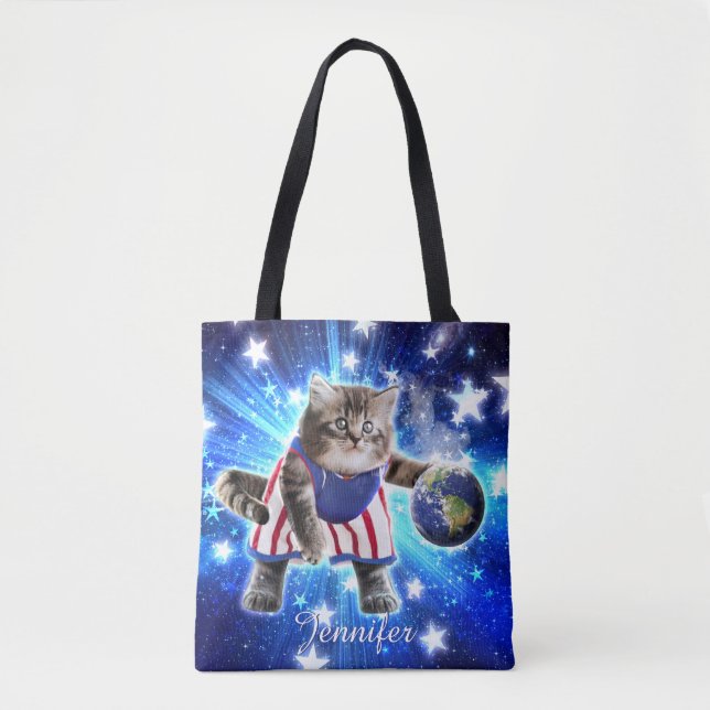 Bolsa Tote Space cat jogando basquetebol (Frente)