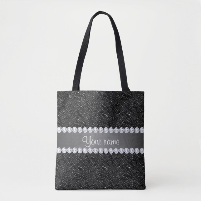 Bolsa Tote Sparkles e diamantes pretos dos Sequins do falso (Frente)
