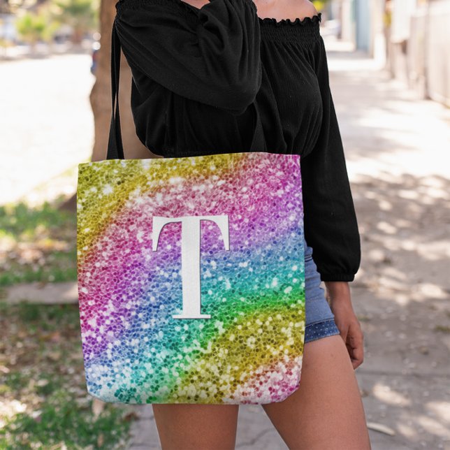 Bolsa Tote Sparkly Girly Rainbow Chunky Glitter Monograma (Rainbow Curve Chunky Glitter Monogram Tote Bag)