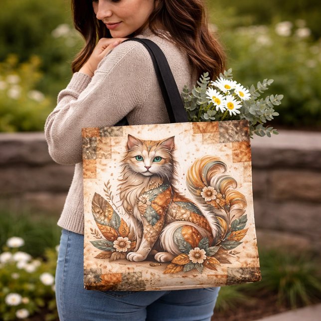 Bolsa Tote Spirit Cat, Boho Patchwork Rustic Folk Art (Criador carregado)