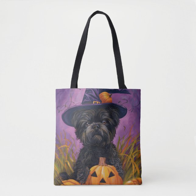 Bolsa Tote Spooky Affenpinscher Halloween Witch e Pumpkin (Frente)