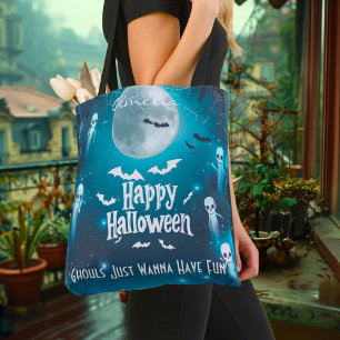 Bolsa Tote Spooky Moonlit Halloween com fantasmas e morcegos