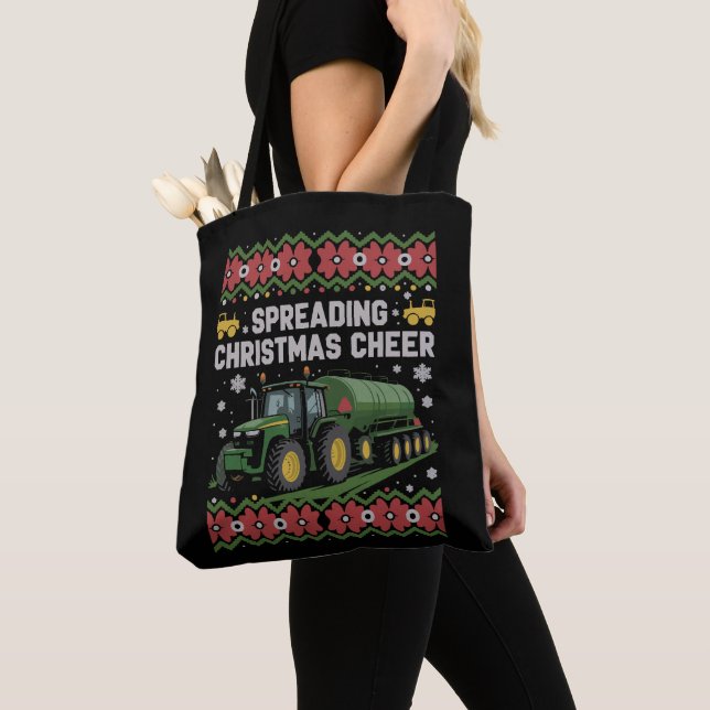 Bolsa Tote Spreading Xmas Cheer Farming Tractor Ugly Sweat (Close Up)