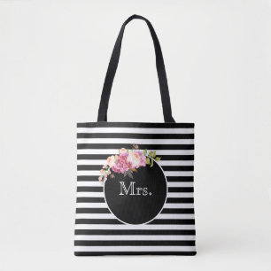 Bolsa Tote Sra. com as listras e as flores pretas & brancas