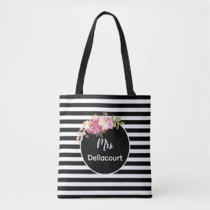 Bolsa Tote Sra. com Black & White Stripes e Flores Personaliz