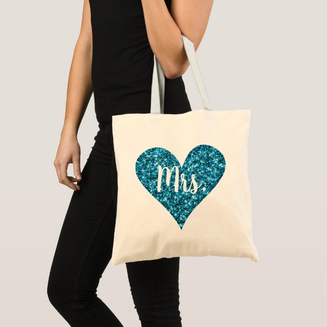 Bolsa Tote Sra. - Coração de Brilho Ciano (Frente (produto))