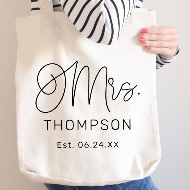Bolsa Tote Sra Moderna Monograma Data de Casamento Caligrafia (Criador carregado)