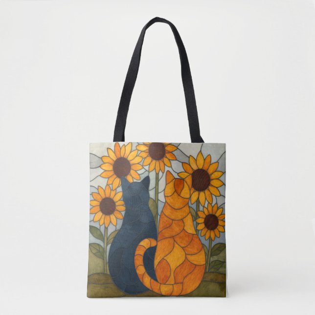 Bolsa Tote Stained Glass Cats and Sunflowers Art Design (Frente)