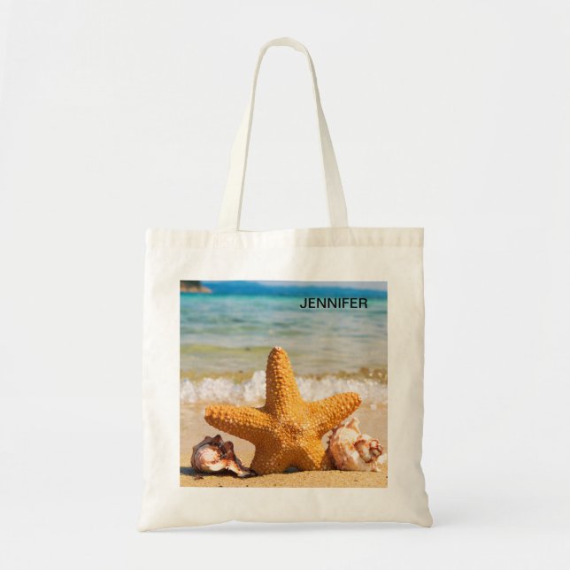 Bolsa Tote Starfish e Seashells na Praia Personalizados (Frente)