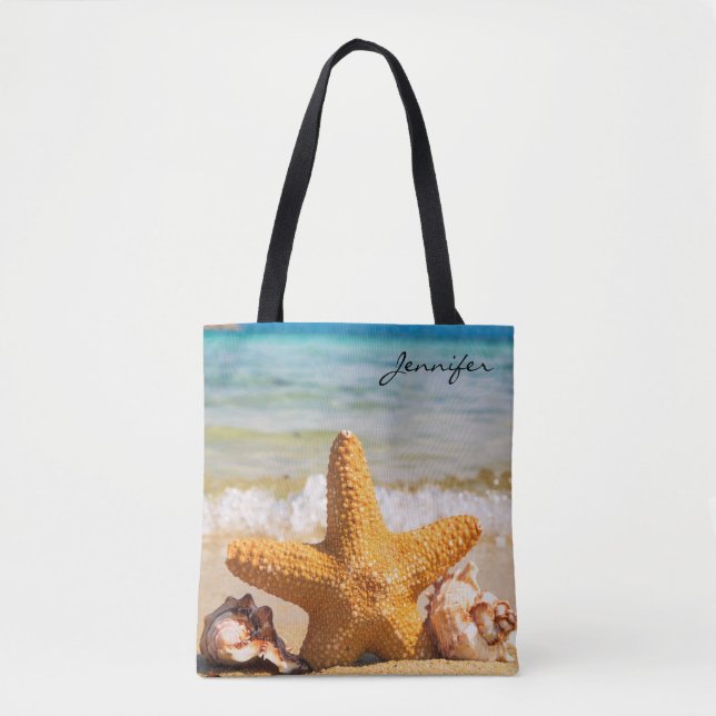 Bolsa Tote Starfish e Seashells na Praia Personalizados (Frente)