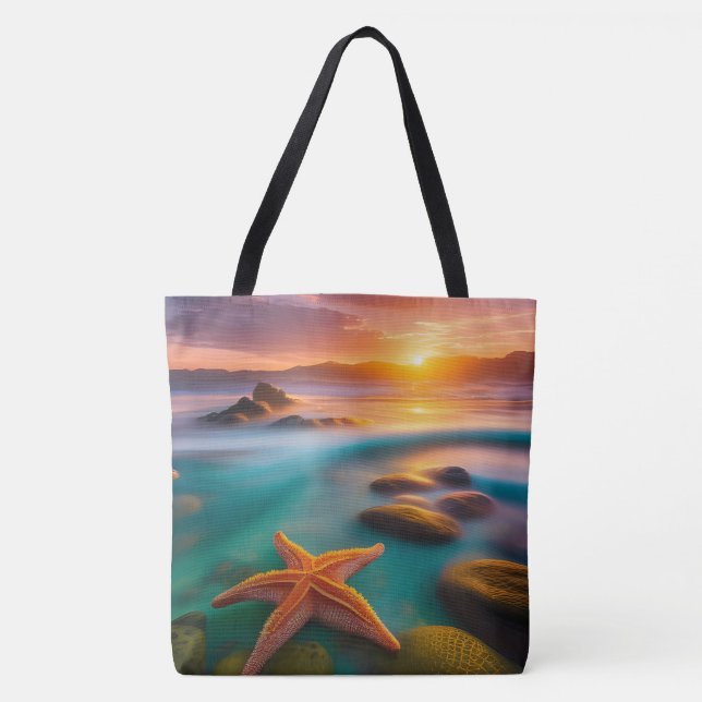 Bolsa Tote Starfish na praia no Dawn (Frente)