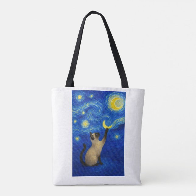 Bolsa Tote Starry Night Siamese Cat Moon  (Verso)