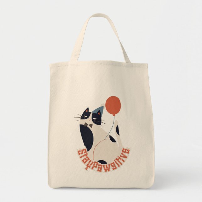 Bolsa Tote Stay Pawsitive Tuxedo Cat Birthday Party Grocery  (Frente)