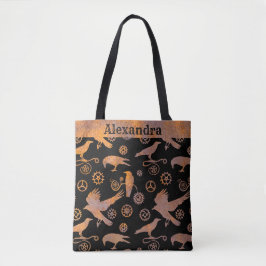 Bolsa Tote Steampunk Engrenagens Enferrujadas e Corvos Nome P