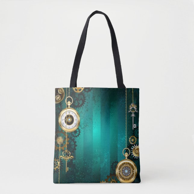Bolsa Tote Steampunk Jewelry Watch em um fundo verde (Frente)