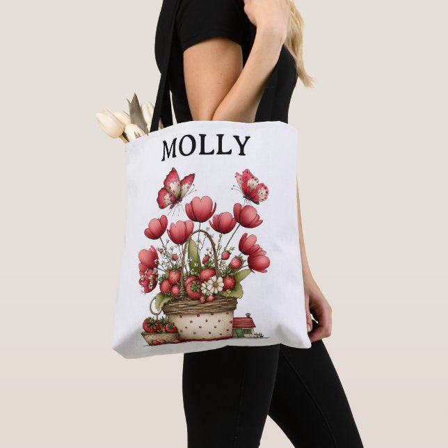 Bolsa Tote Strawberry Flower Basket with Butterflies and Name (Close Up)