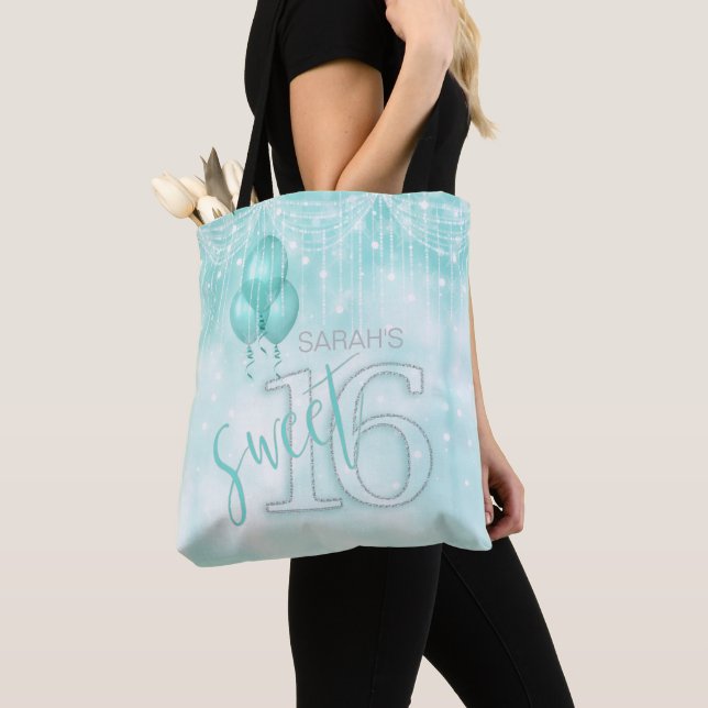 Bolsa Tote String Lights & Balloons Sweet 16 Teal ID473 (Close Up)