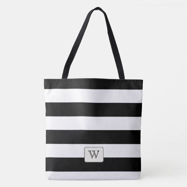 Bolsa Tote Stripes Pretas em qualquer Monograma Personalizado (Frente)