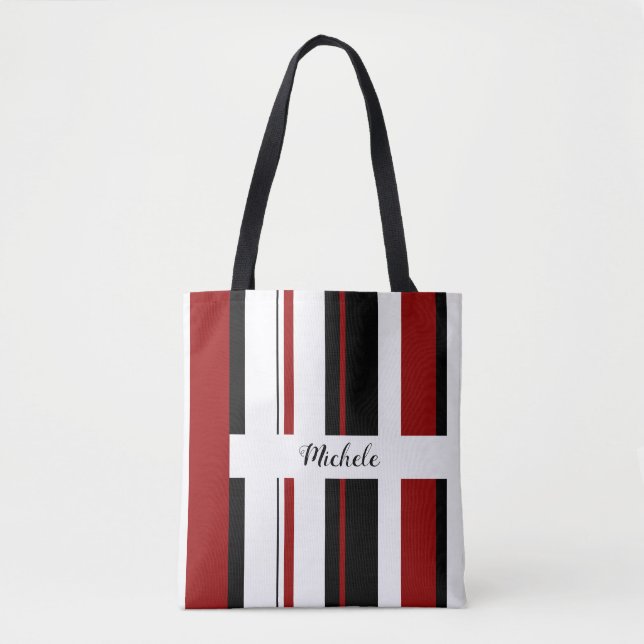 Bolsa Tote Stripes Verticais Pretas Vermelhas e Brancas | Per (Frente)