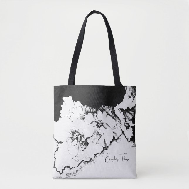 Bolsa Tote Stylish Black & White Original Stipple Art Floral (Frente)