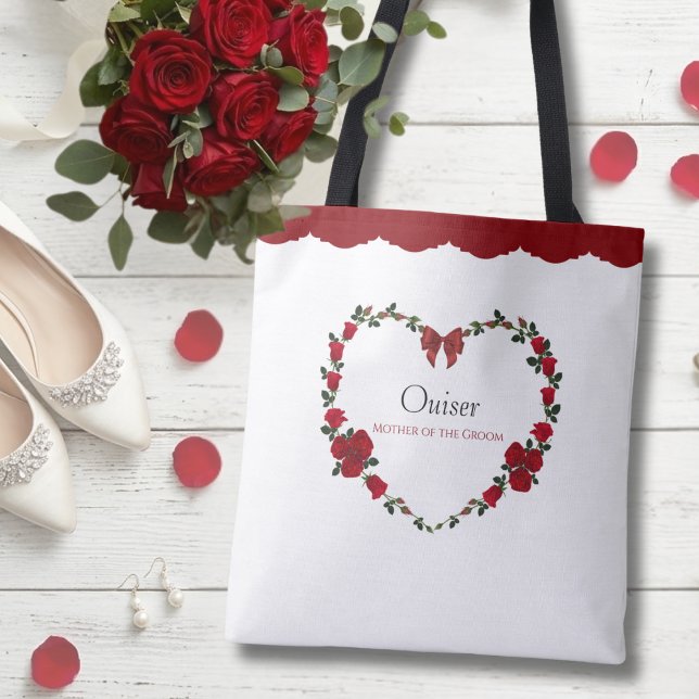 Bolsa Tote Stylish Red Roses Mother of Groom Gift (Welcome the Mother of the Groom with this timeless red rose heart memento.)