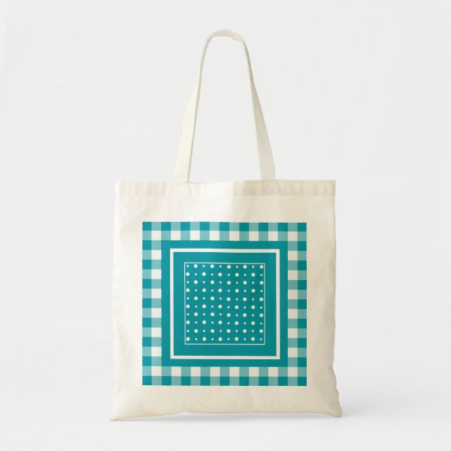 Bolsa Tote StylishTote Bag, Teal Bolinhas e Check Gingham (Frente)