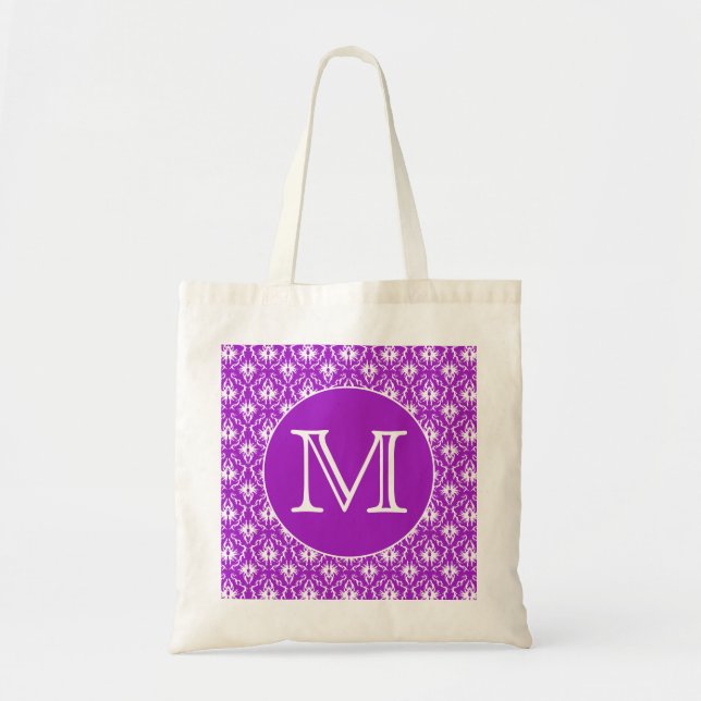 Bolsa Tote Sua letra. Teste padrão roxo e branco do damasco (Frente)