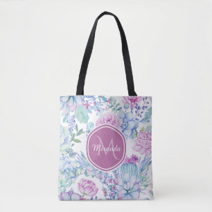 Bolsa Tote Succulent roxo e azul elegante floral com nome