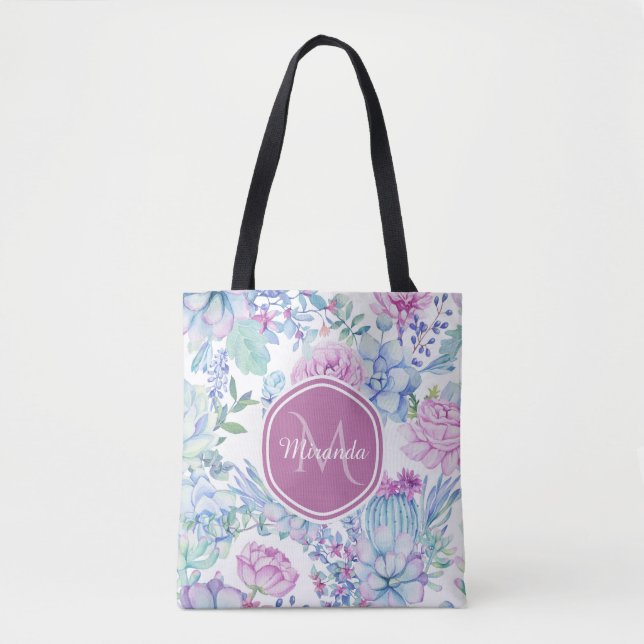 Bolsa Tote Succulent roxo e azul elegante floral com nome (Frente)