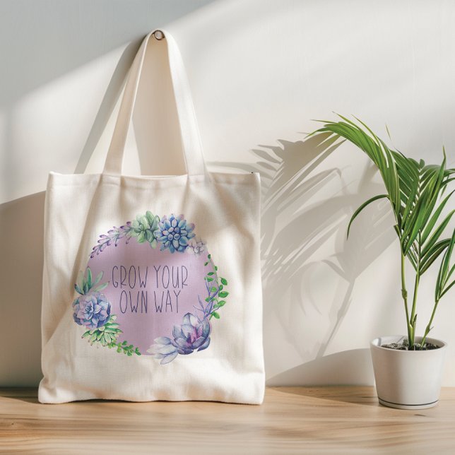 Bolsa Tote Sucultivos continuam crescendo Aqua verde e roxo (Two pastel floral designs with positive affirmations make a cheery tote bag for daily use.)